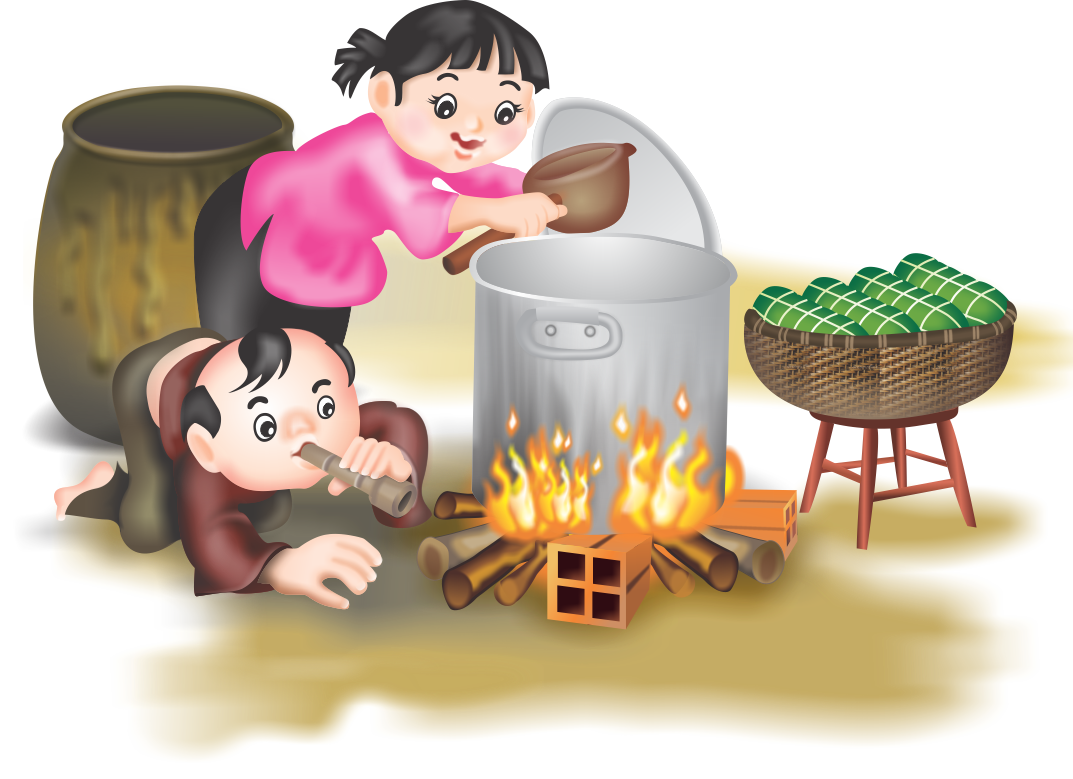 Gia đình luộc bánh chưng